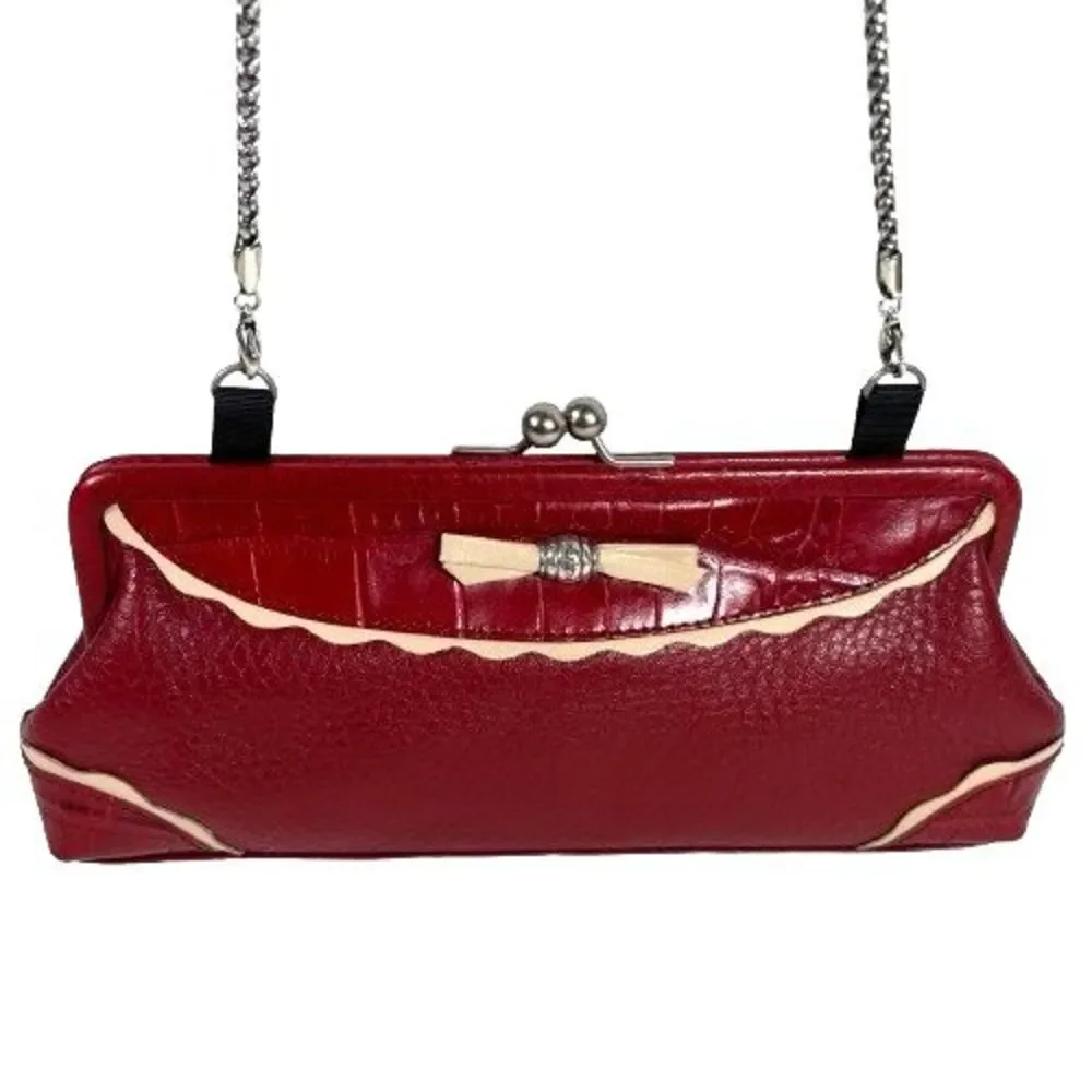 Brighton Red Pebbled & Croc Leather Crossbody Evening Bag Clutch Chain Strap - Picture 2 of 16